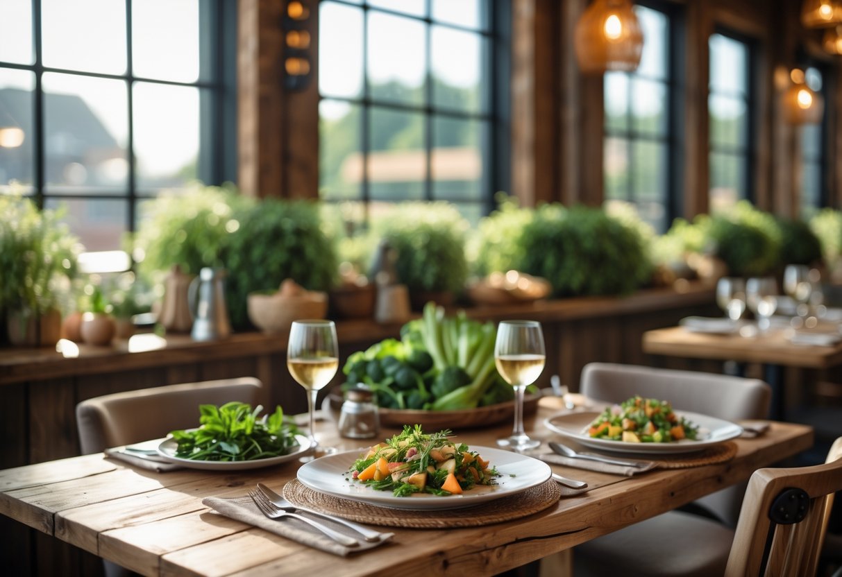 A cozy restaurant table set for a romantic dinner with fresh local food and warm natural lighting.