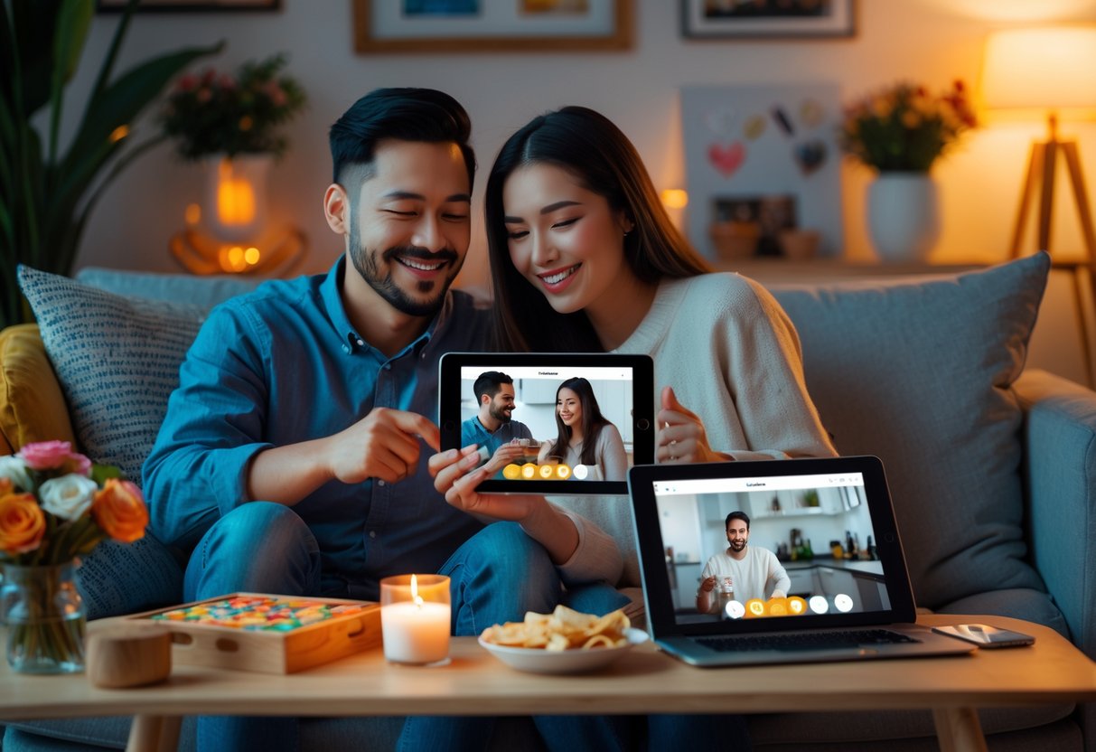 A couple enjoying a FaceTime date on a tablet in a cozy living room with snacks and soft lighting.