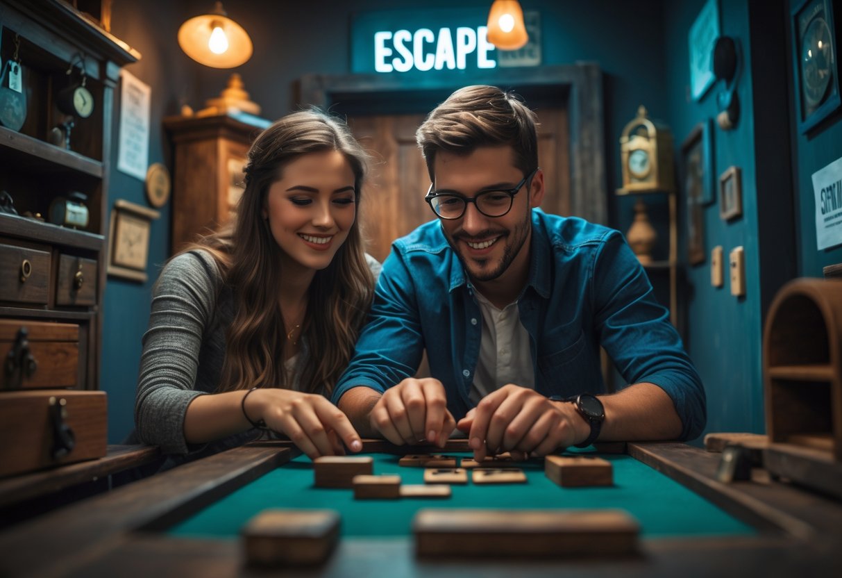 A young couple working together to solve puzzles inside an escape room.