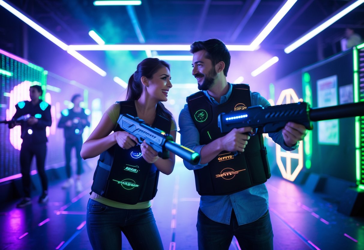 A couple playing laser tag in a neon-lit indoor arena, smiling and aiming laser guns at each other.
