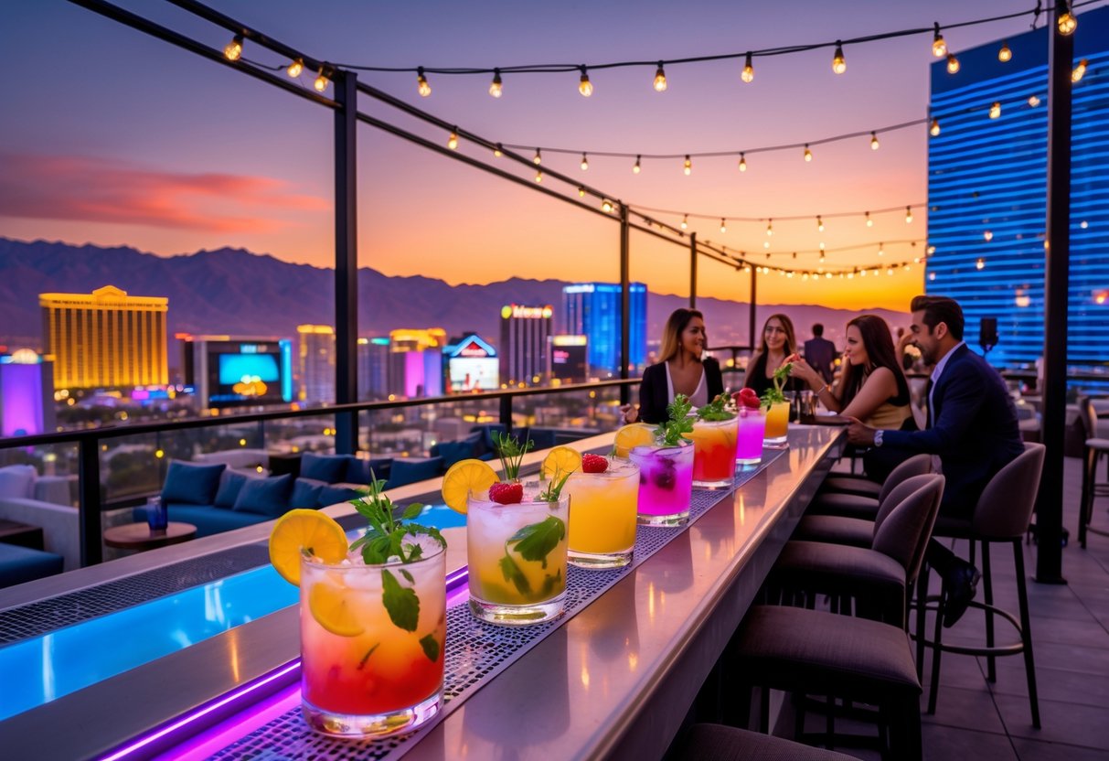 A rooftop bar at sunset with colorful cocktails on the counter and people enjoying drinks against the Las Vegas skyline.