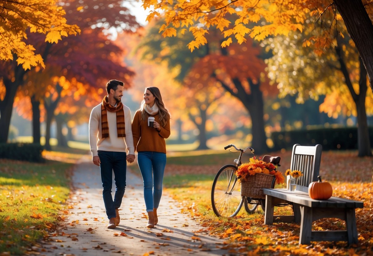 A couple walking hand in hand on a leaf-covered path surrounded by colorful autumn trees with a bench and pumpkin patch nearby.