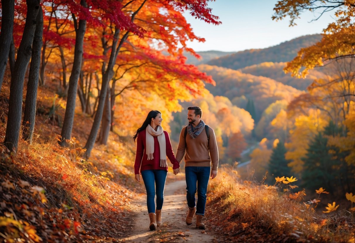 A couple walking hand in hand on a forest trail surrounded by colorful autumn trees and fallen leaves.