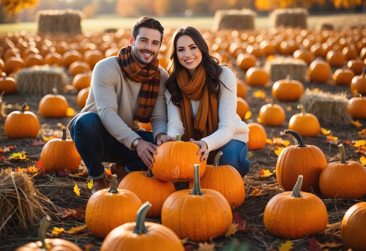 A couple picking pumpkins together in a sunny pumpkin patch during autumn.