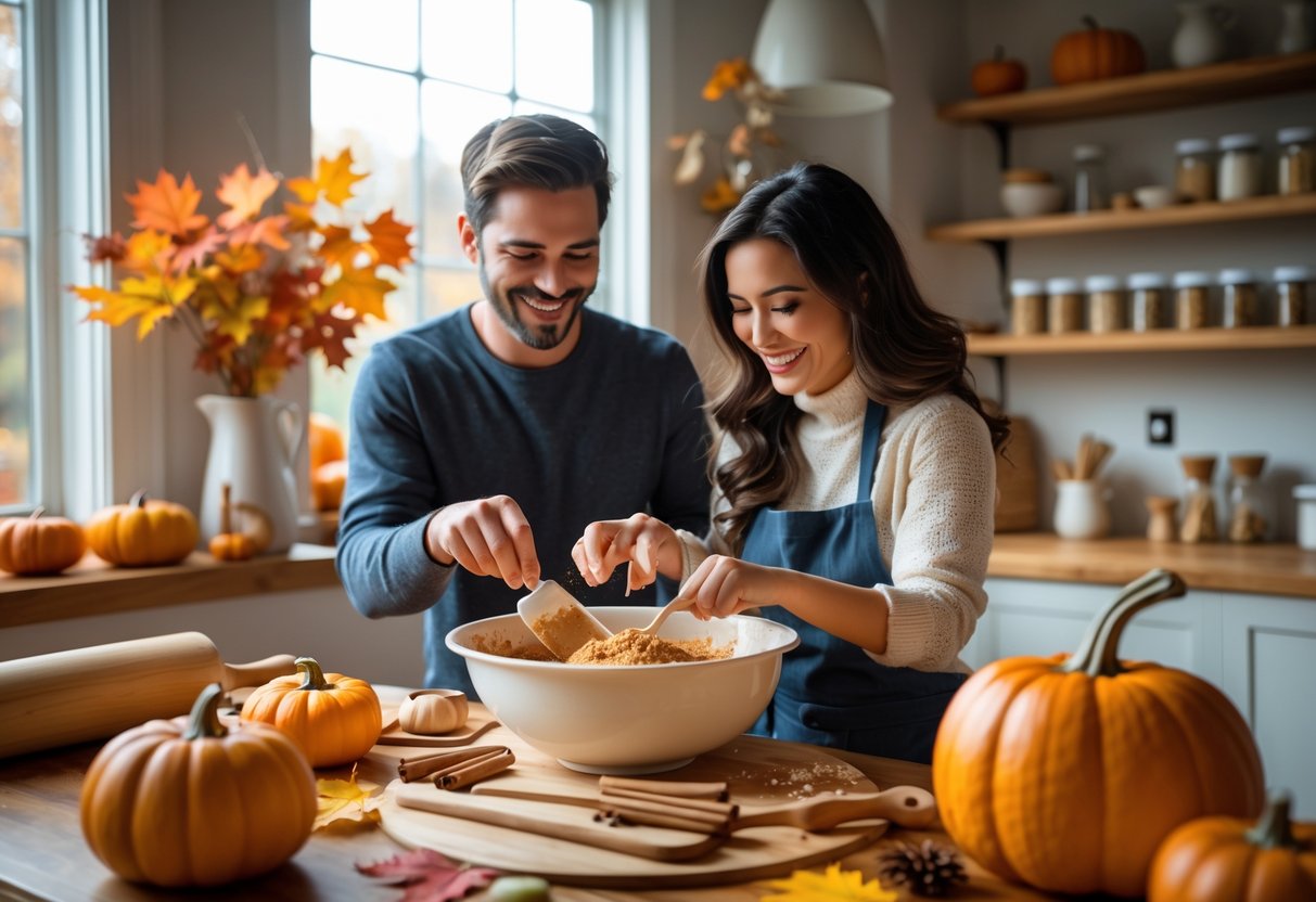 A couple baking pumpkin spice treats together in a cozy kitchen decorated with autumn elements.