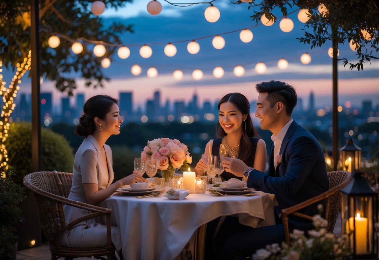 A couple enjoying a romantic outdoor dinner at a beautifully decorated table with candles and flowers during sunset.