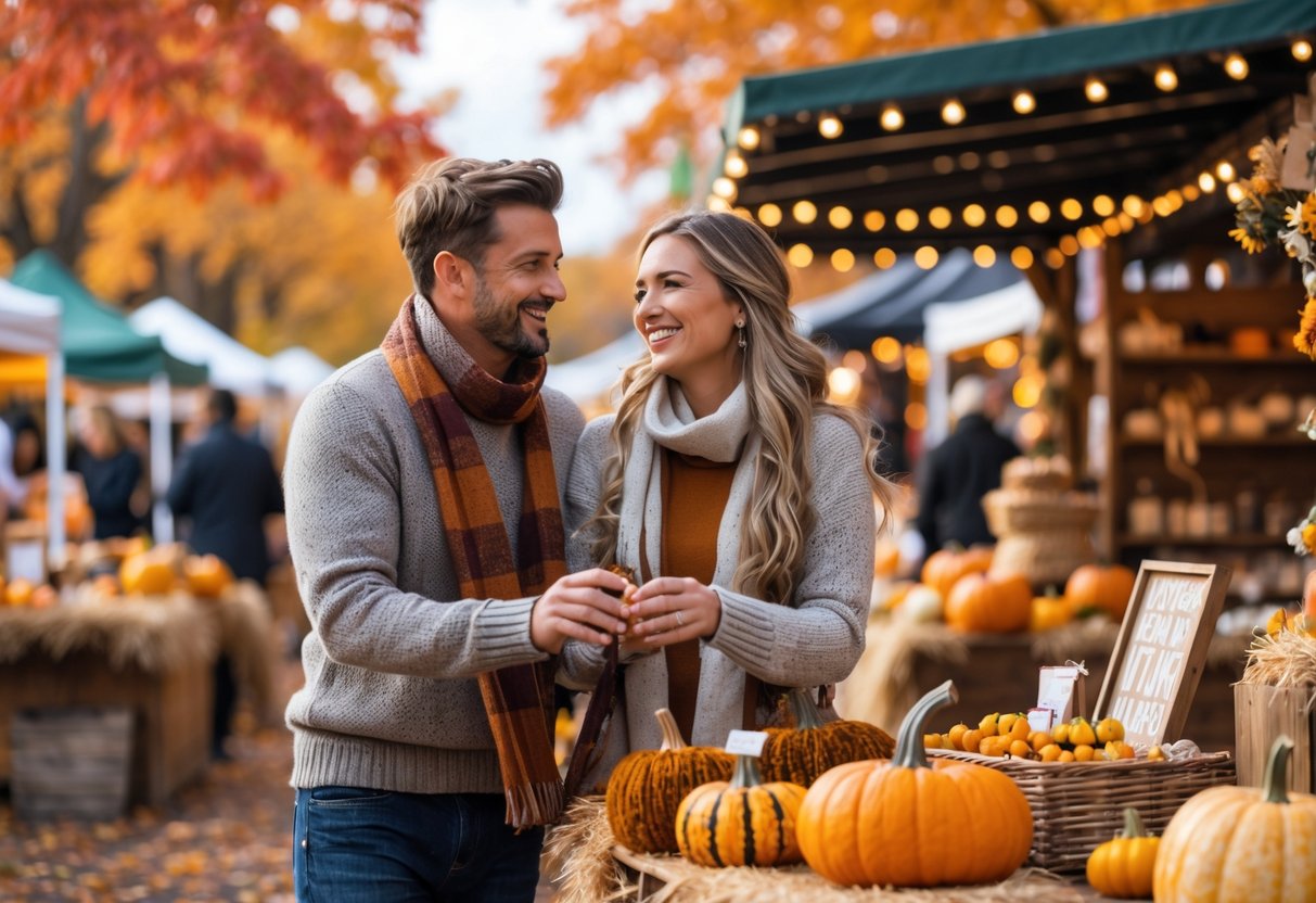A couple enjoying a fall festival outdoors surrounded by colorful autumn leaves and craft stalls.