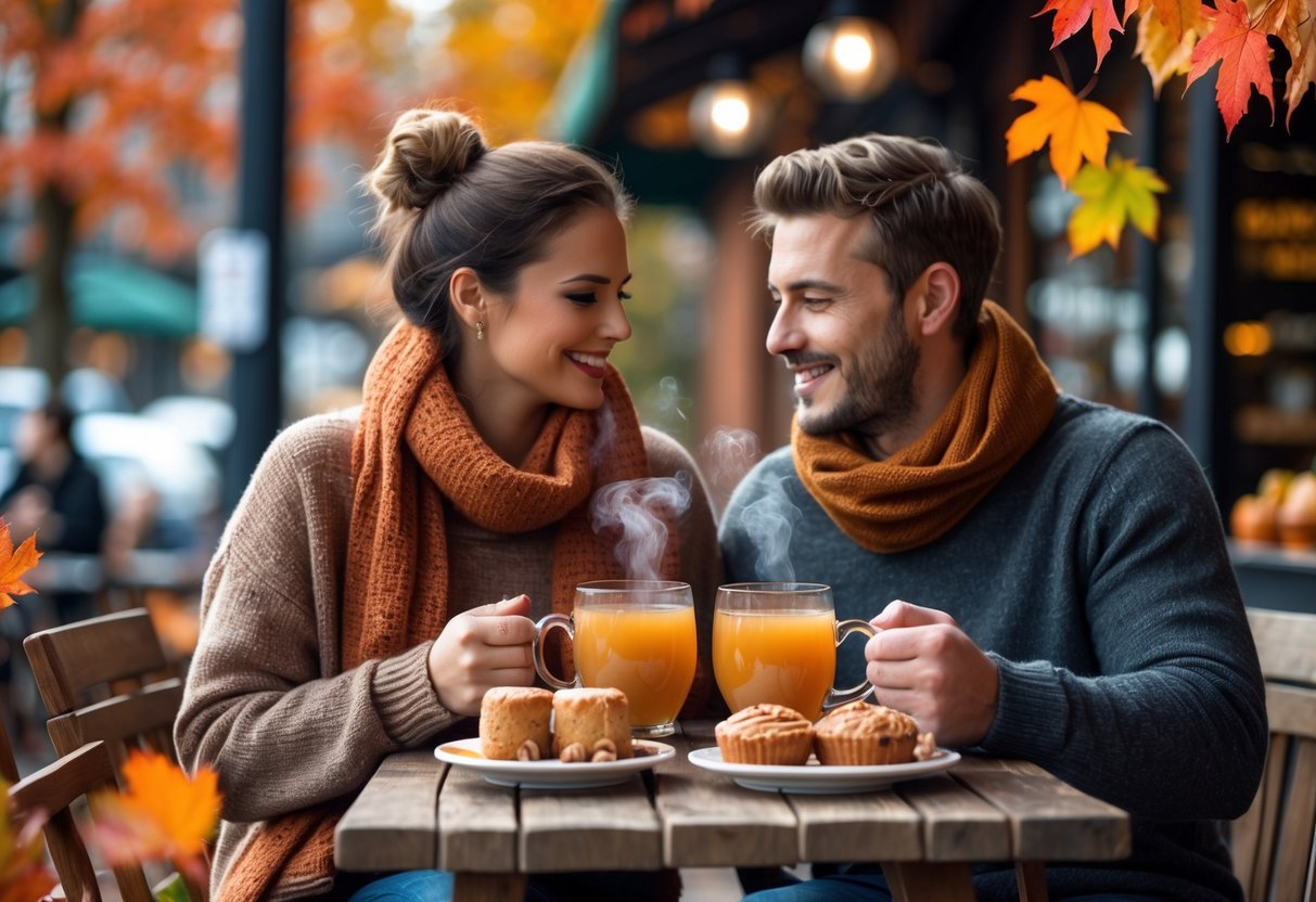 A couple sitting outdoors at a café table, drinking hot apple cider surrounded by colorful fall leaves.