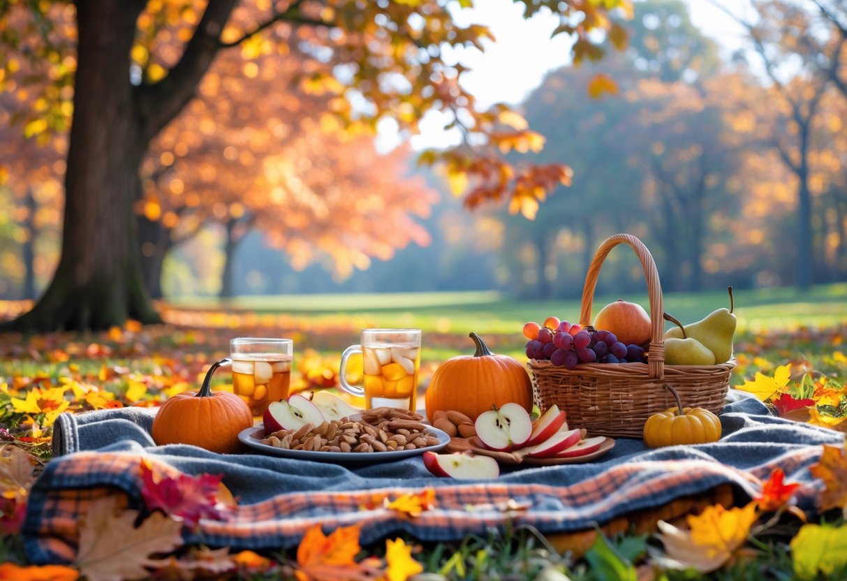 An outdoor picnic setup on a blanket surrounded by colorful fall leaves with seasonal snacks and drinks.