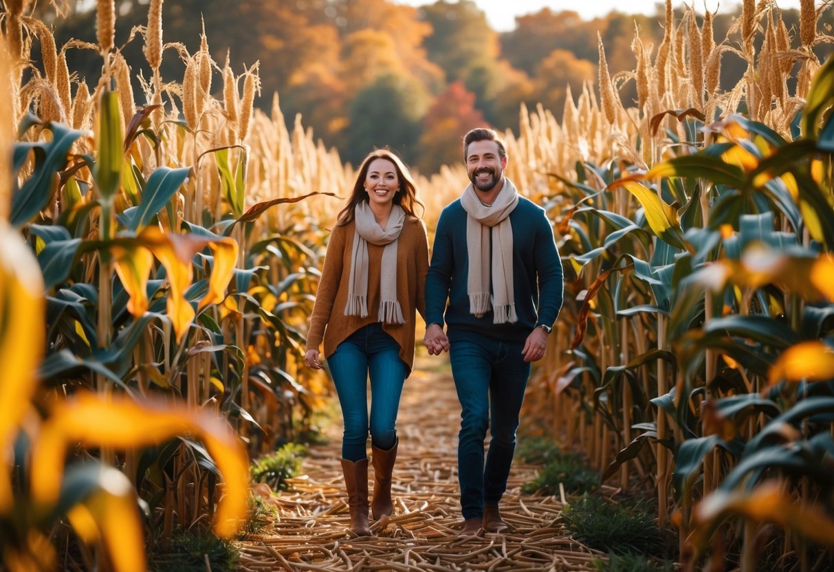 A couple walking hand in hand through a corn maze surrounded by tall corn stalks and autumn trees.