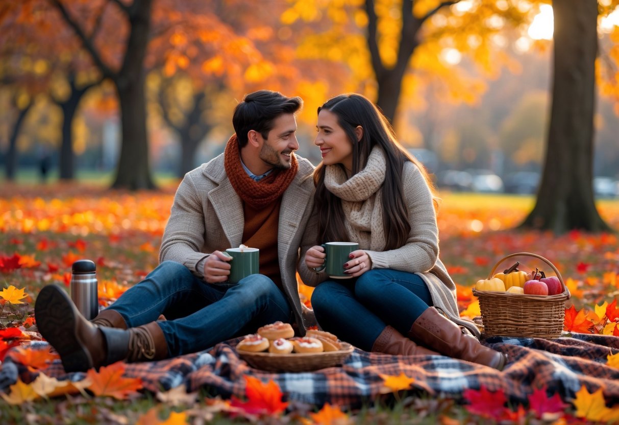 A young couple sitting on a blanket surrounded by colorful autumn leaves, enjoying a cozy outdoor fall date in a park.