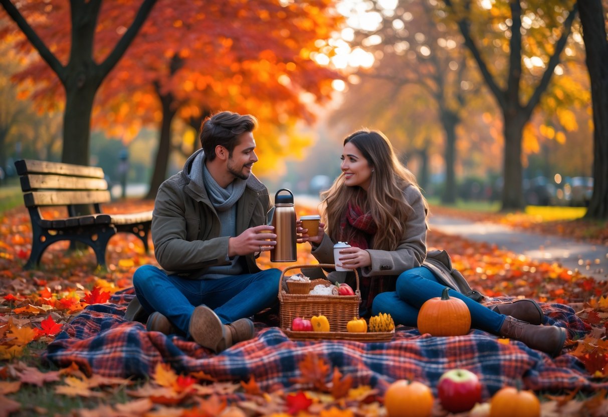 A young couple sitting on a blanket in a park surrounded by colorful autumn leaves, sharing a picnic with hot drinks and seasonal treats.