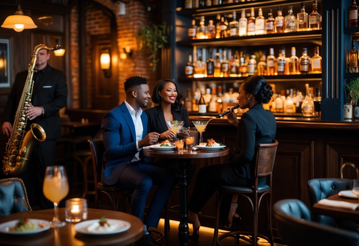 A couple enjoying dinner and live jazz music at a dimly lit bar with vintage decor.