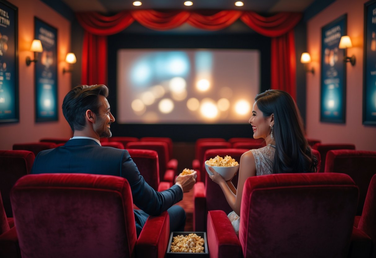 A couple sitting closely together in a small cozy theater watching a movie.