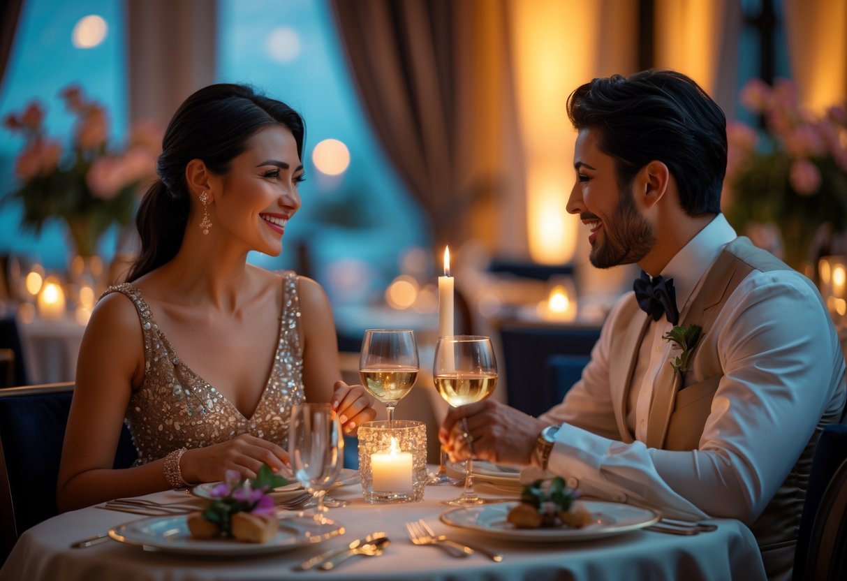 A couple enjoying a romantic dinner at an elegantly set table in a stylish restaurant.