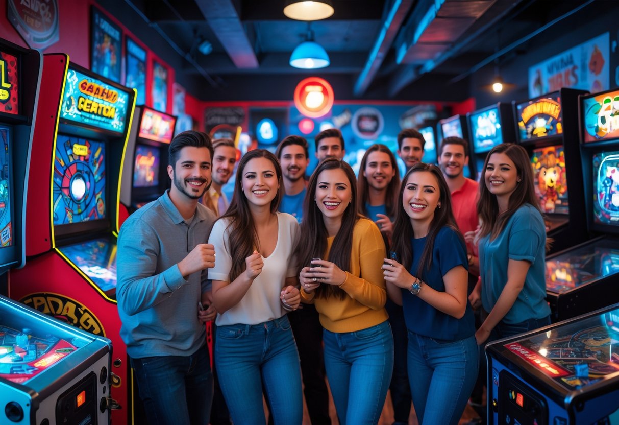 A group of young adults playing arcade games and enjoying a lively game night at an arcade in Fayetteville, North Carolina.