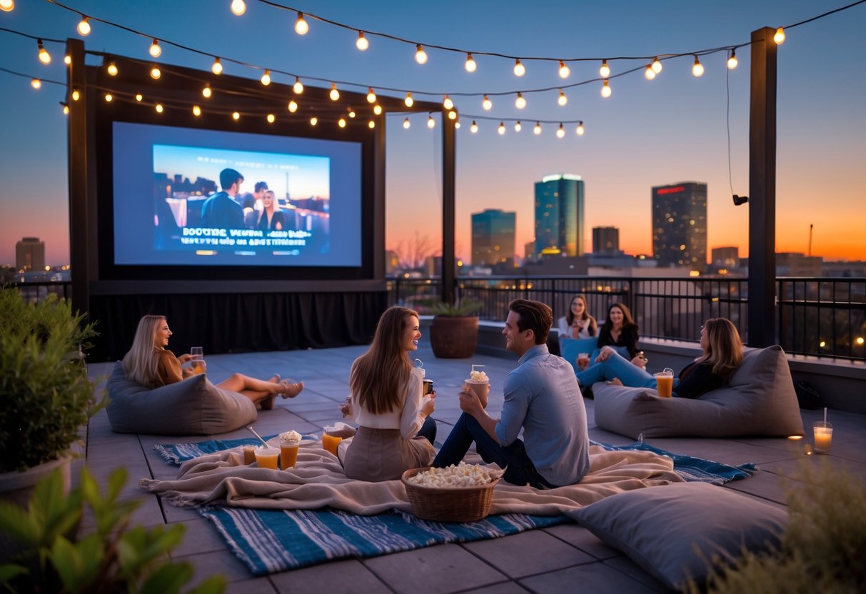 Couple watching a movie on a rooftop cinema at dusk with city skyline in the background.