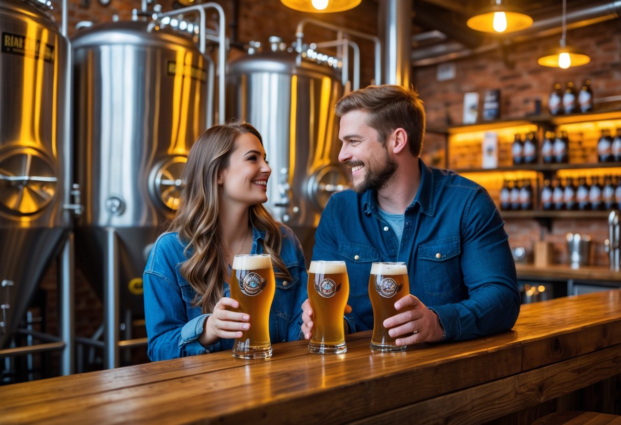 A young couple enjoying craft beers together at a brewery bar with brewing tanks and rustic decor in the background.