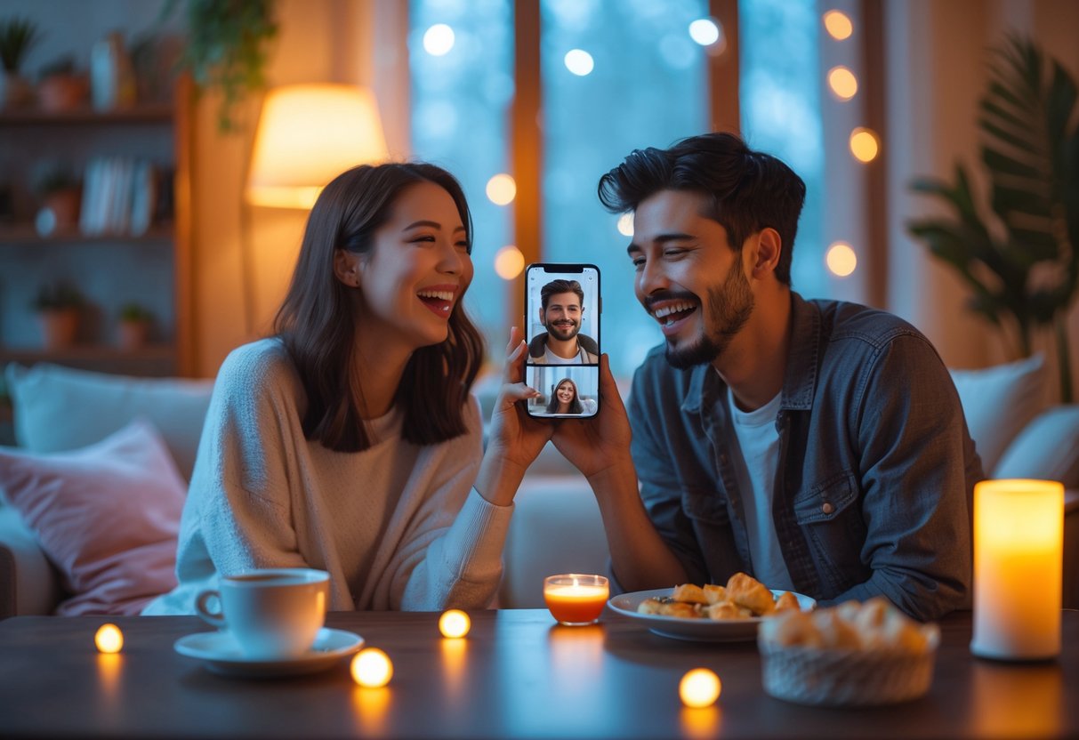 A young couple smiling and talking on a video call from their separate cozy rooms, each holding a smartphone during a long-distance date.