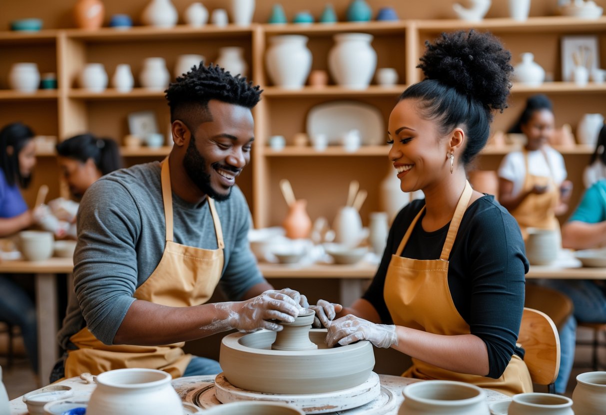 A couple shaping clay together on a pottery wheel in an art studio, smiling and enjoying a creative activity.