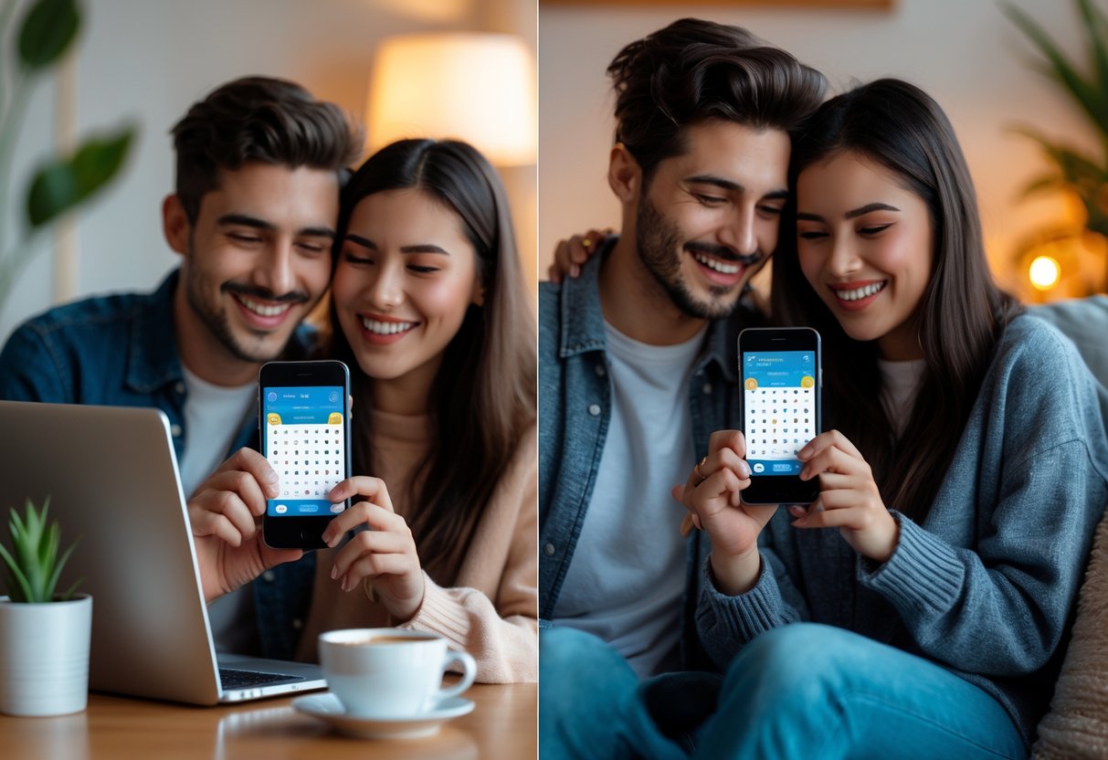A young couple smiling and playing an online word game together over FaceTime on their smartphones from different locations.