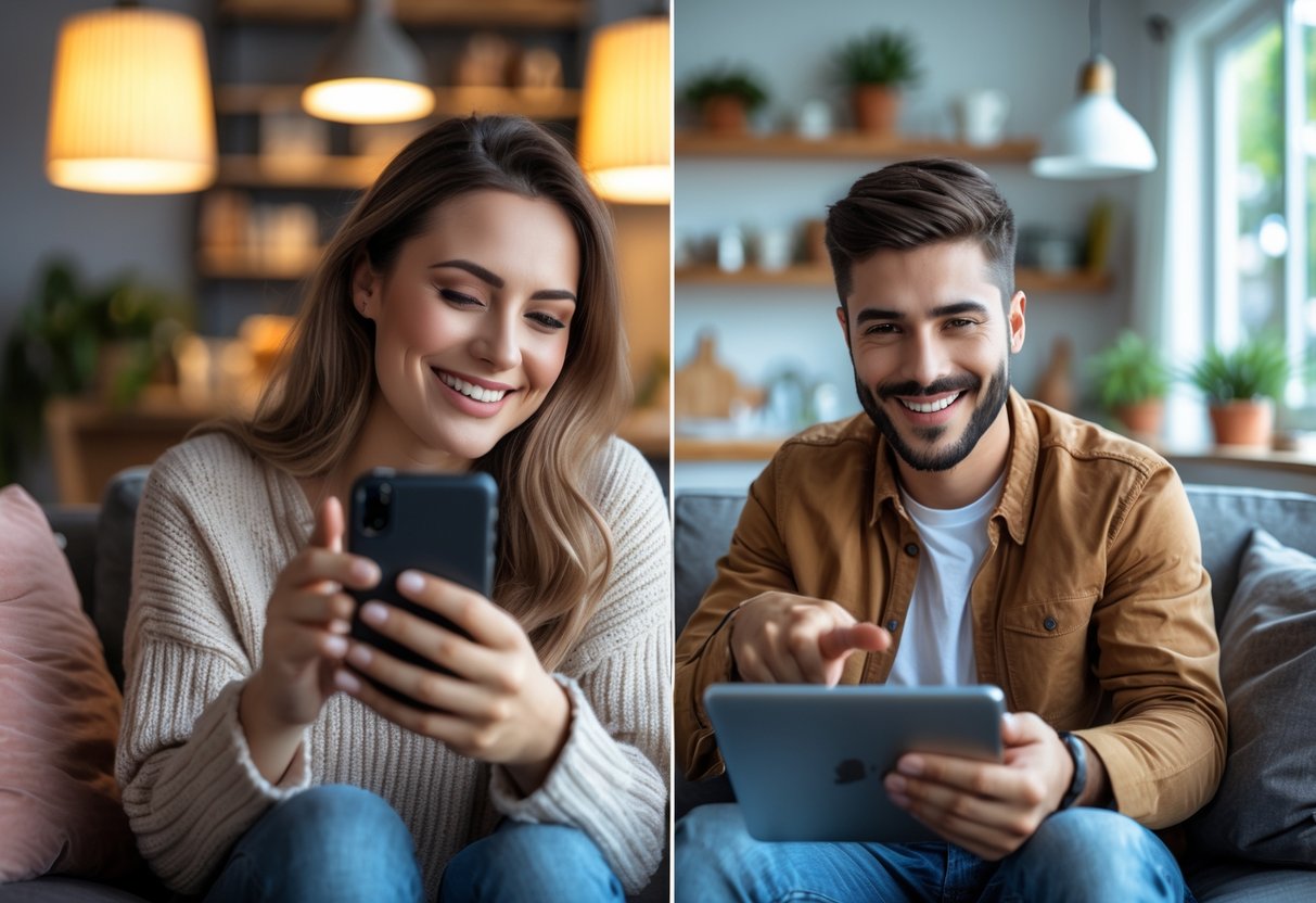 A split-screen image of a young couple video calling each other, each showing their home interiors during a virtual tour.