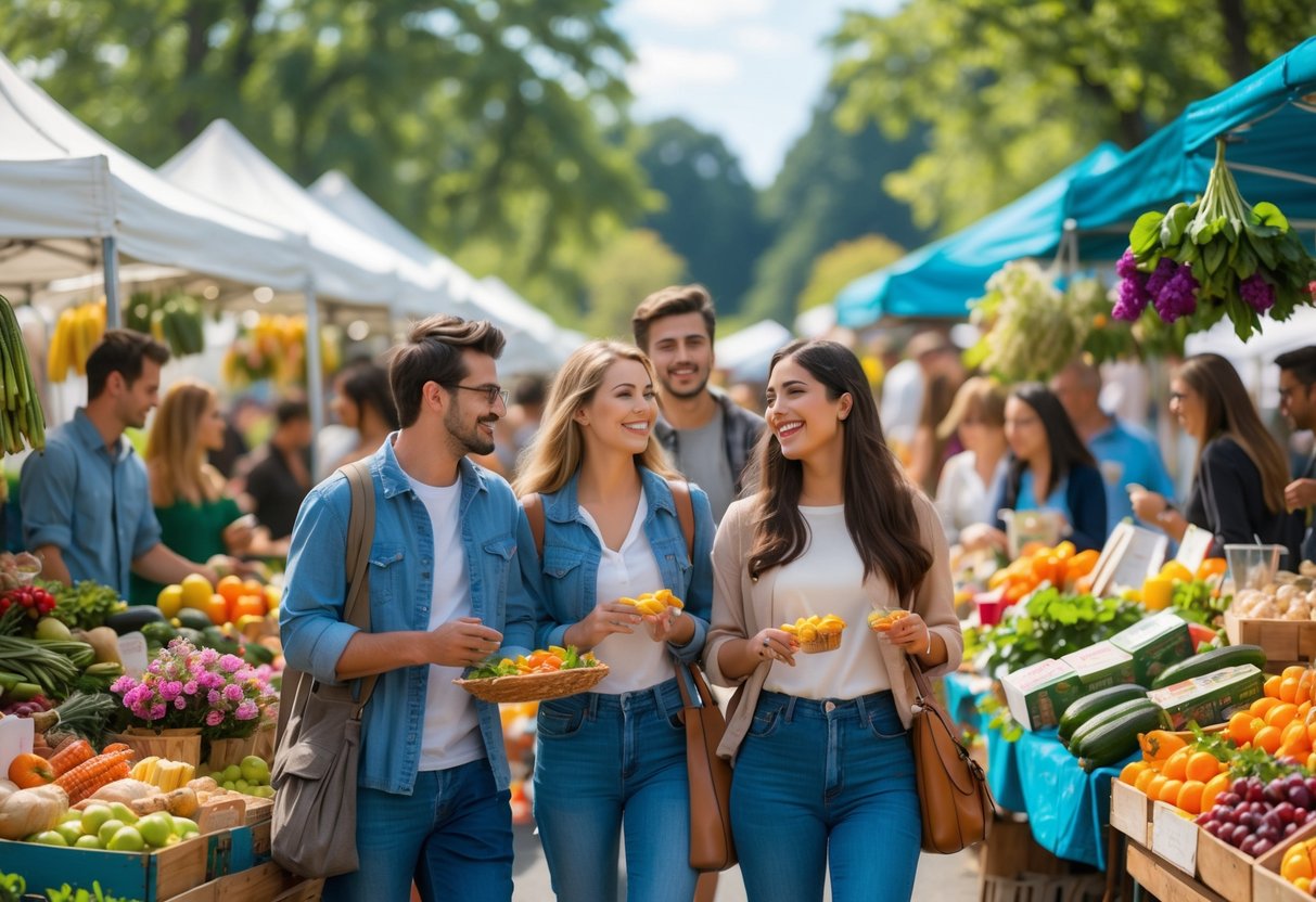 People enjoying a sunny day at a busy farmers market with colorful fresh produce and friendly vendors.