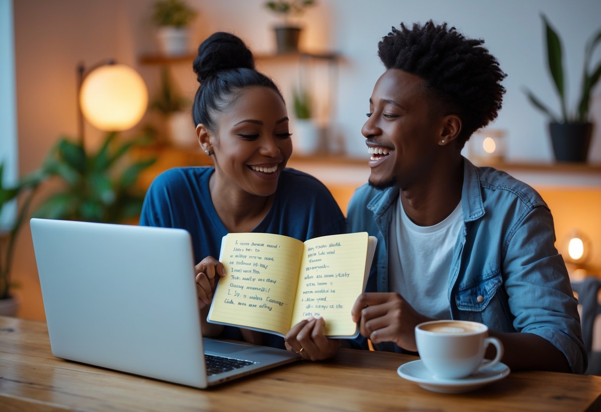 Two people sharing silly poems during a long-distance FaceTime date, one reading from a notebook and the other smiling on a laptop screen.
