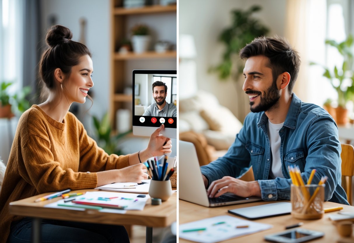 A young couple working together on a creative project while video chatting on their laptops from different locations.