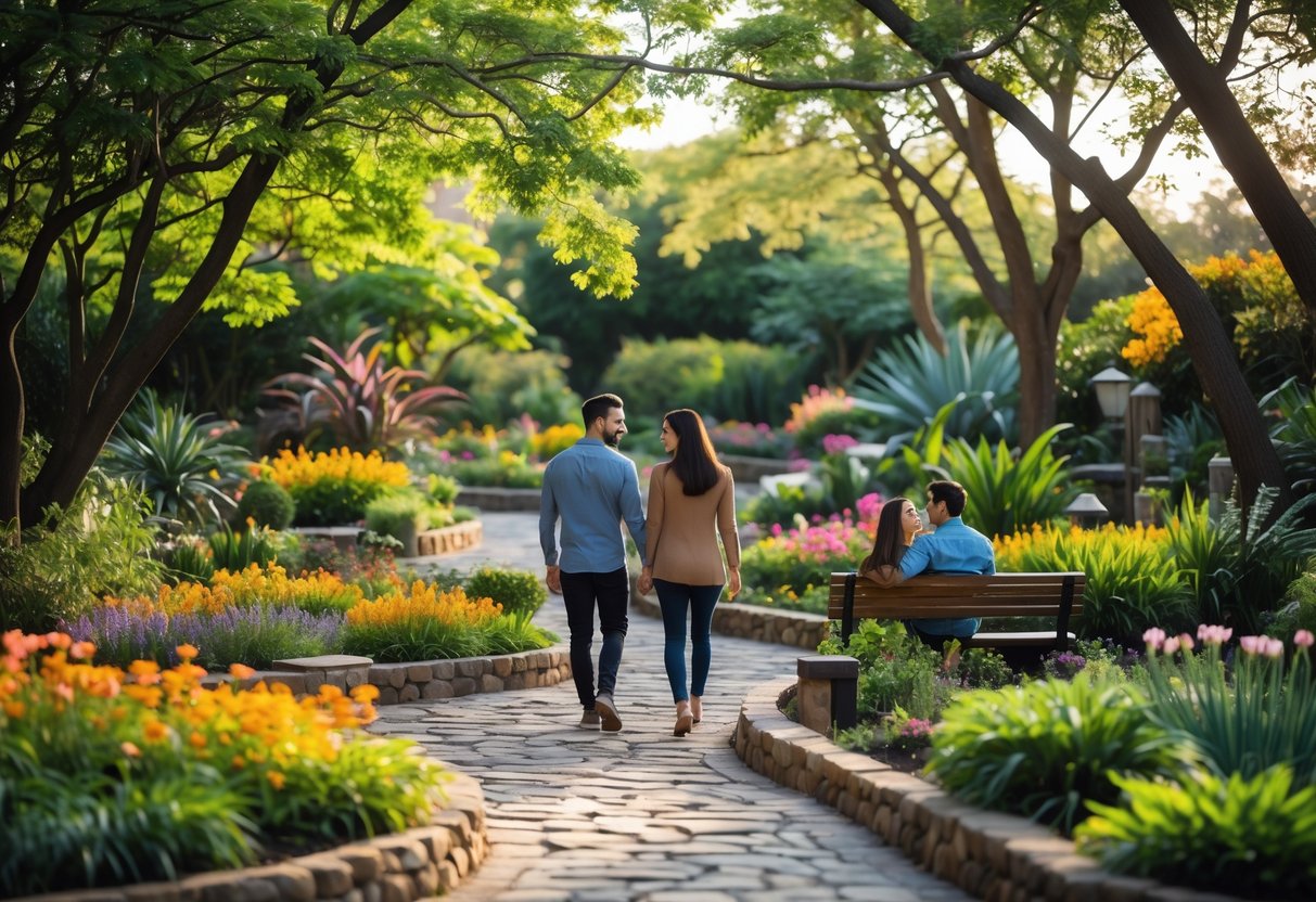 A couple walking along a stone path surrounded by lush plants and flowers in a botanical garden.