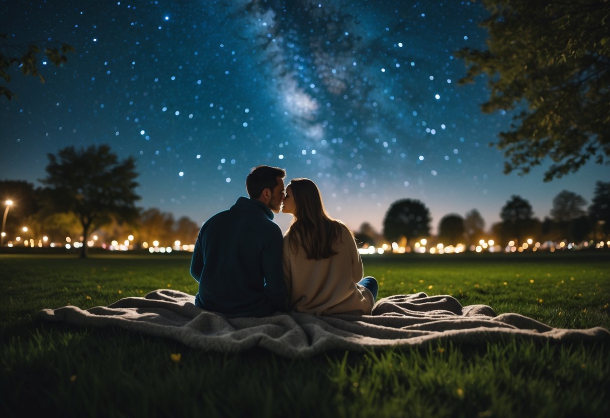 A couple sitting on cozy blankets in a park at night, looking up at the starry sky.