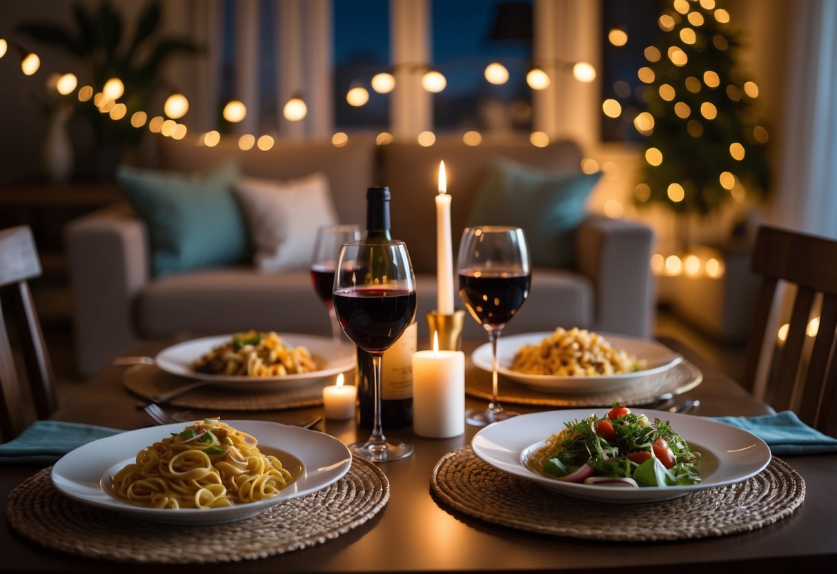 A cozy dining table set for two with plates of food, glasses of wine, and candles in a warmly lit home dining area.