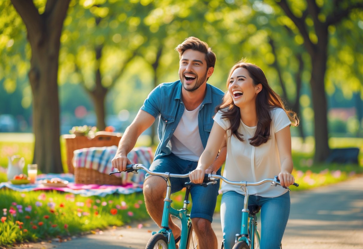 A couple riding bicycles and laughing together in a sunny park with a picnic setup nearby.