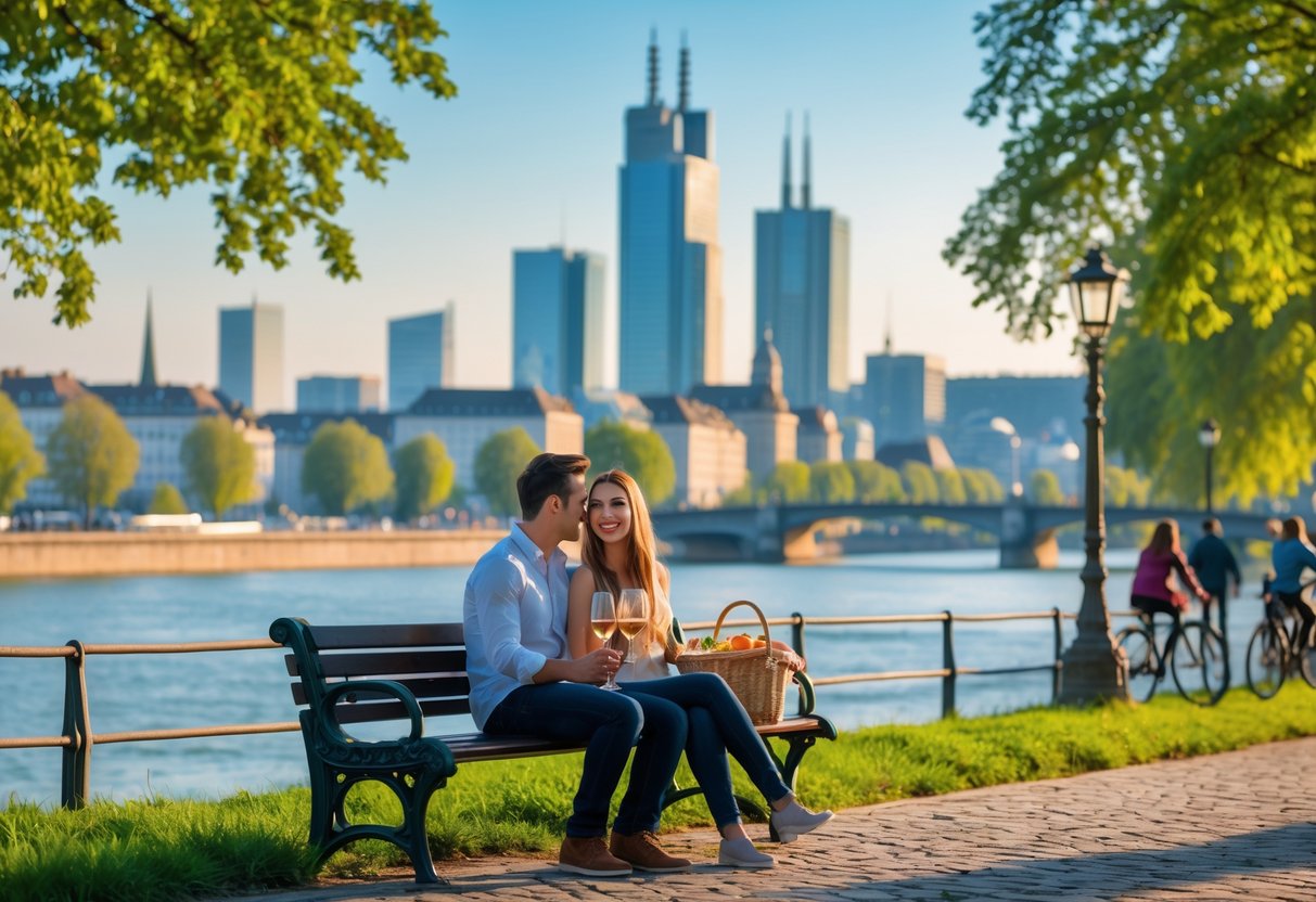 A young couple sitting on a bench by the Main River in Frankfurt, enjoying a picnic with the city skyline in the background during sunset.