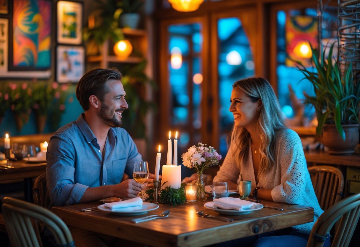 A couple enjoying a cozy dinner at a warmly lit restaurant with rustic decor and candlelight.