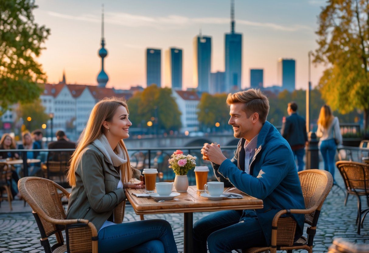 A couple sitting at an outdoor café with the Frankfurt skyline in the background, enjoying a relaxed and happy moment together.
