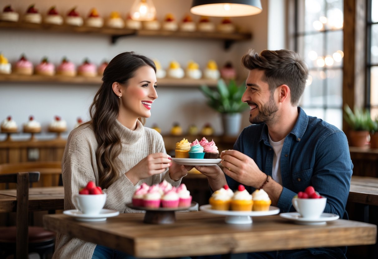 A young couple enjoying desserts together at a cozy bakery table surrounded by pastries and warm decor.