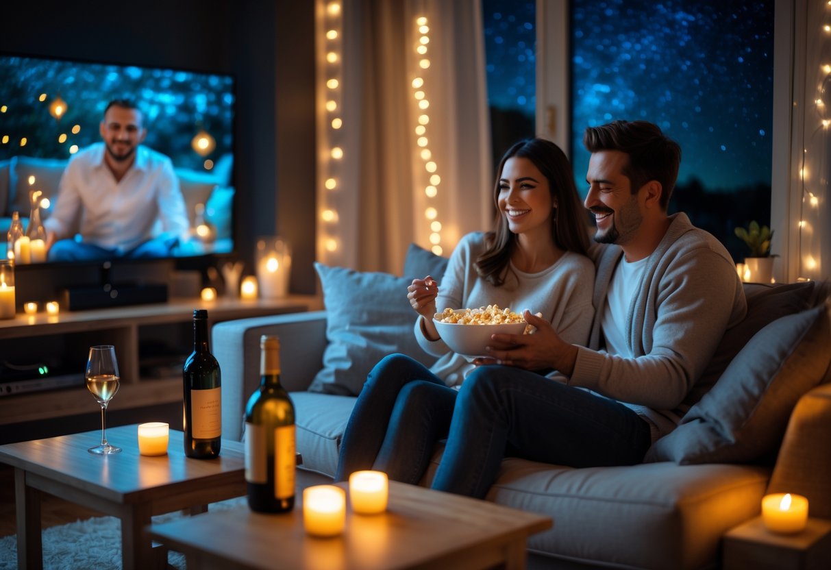 A couple sitting on a sofa enjoying a movie night with popcorn and wine in a softly lit living room.