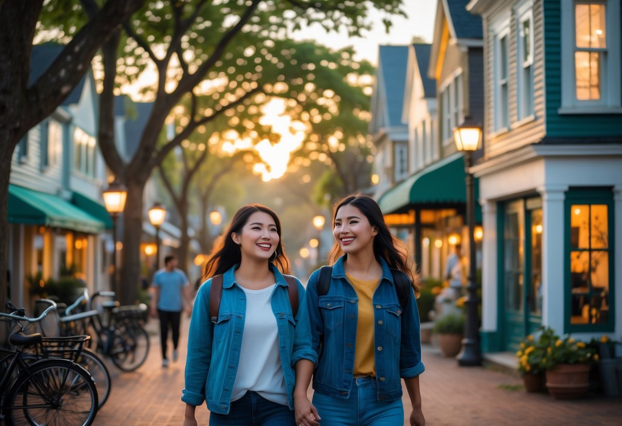 A young couple walking hand in hand along a tree-lined neighborhood street with houses and shops.