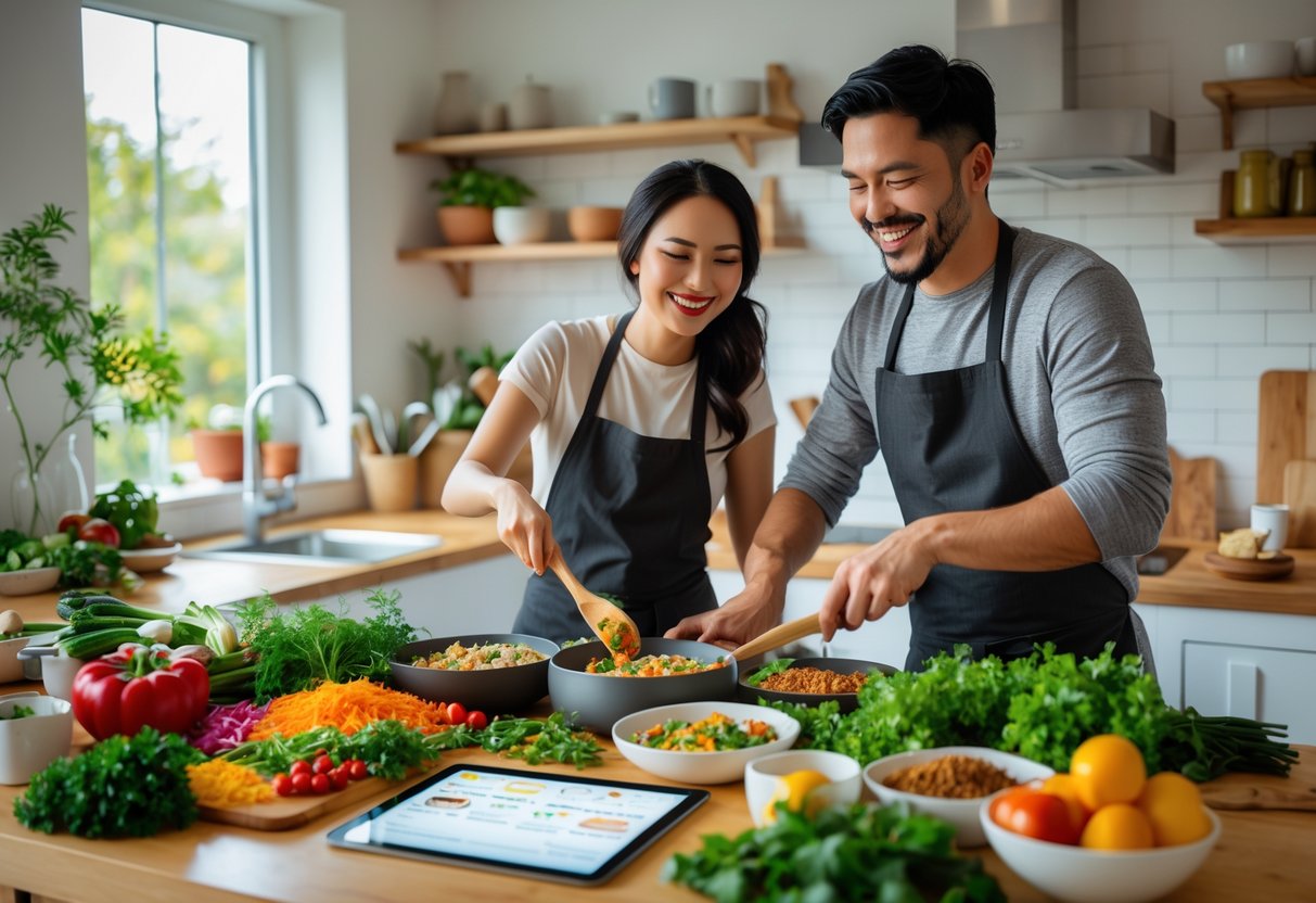 A couple cooking together in a kitchen, preparing an international meal with fresh ingredients on the counter.