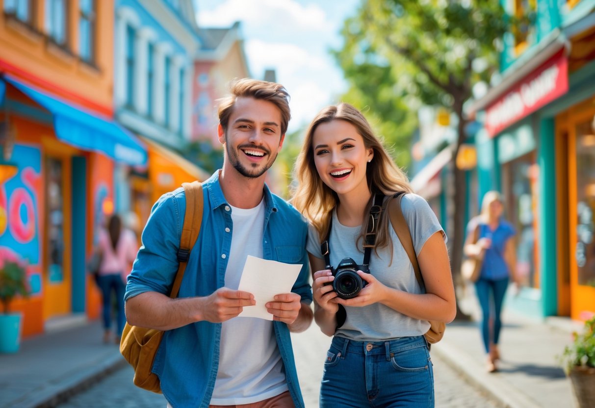 A young couple walking on a lively town street, holding a camera and checklist while smiling.