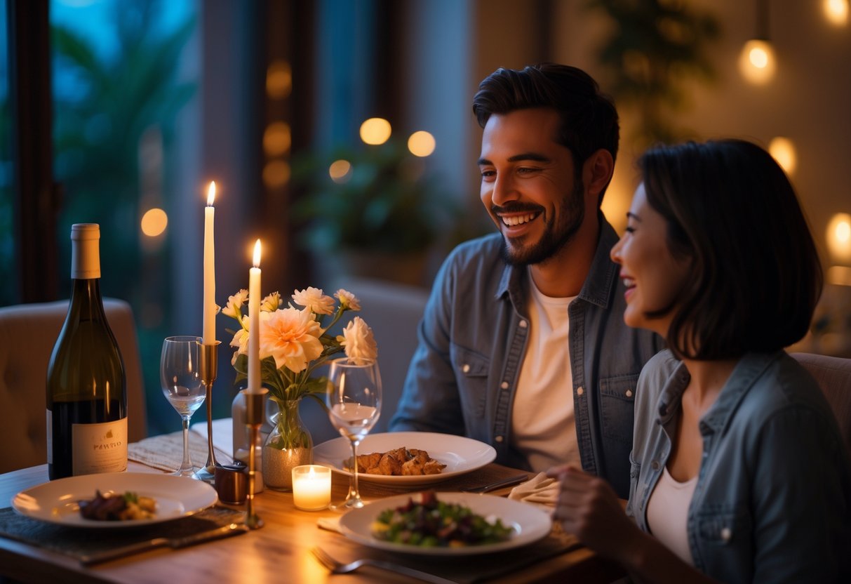 A couple smiling and talking across a candlelit dining table set for two with flowers and wine in a cozy indoor setting.