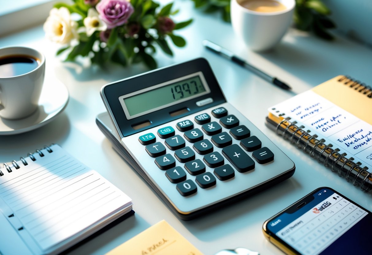 A calculator on a desk surrounded by flowers, a coffee cup, a notepad, and a smartphone with a calendar.