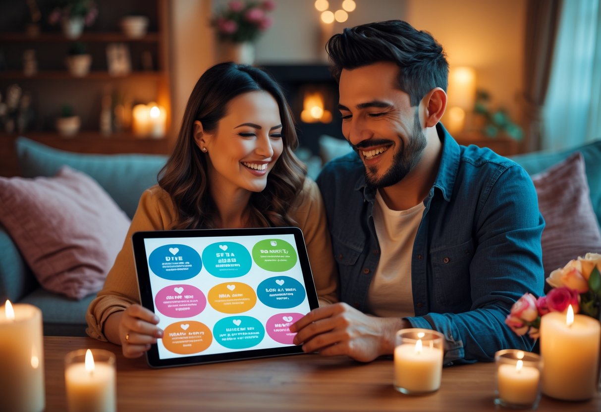 A married couple sitting at a table, smiling and looking at a tablet together in a cozy living room.