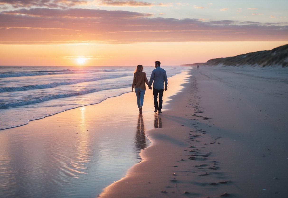 A couple walking hand-in-hand along a sandy beach at sunset with waves gently touching the shore.