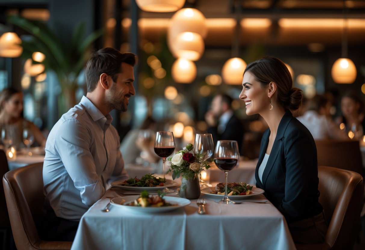 A couple enjoying a romantic dinner at a stylish restaurant with warm lighting and elegant table settings.