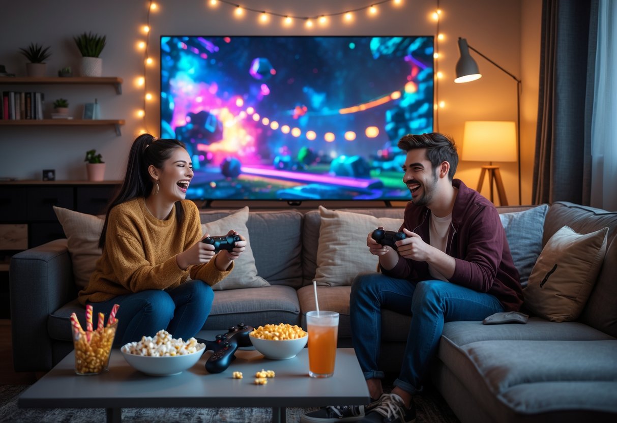 A young couple sitting on a sofa playing video games together in a cozy living room with snacks on the table.