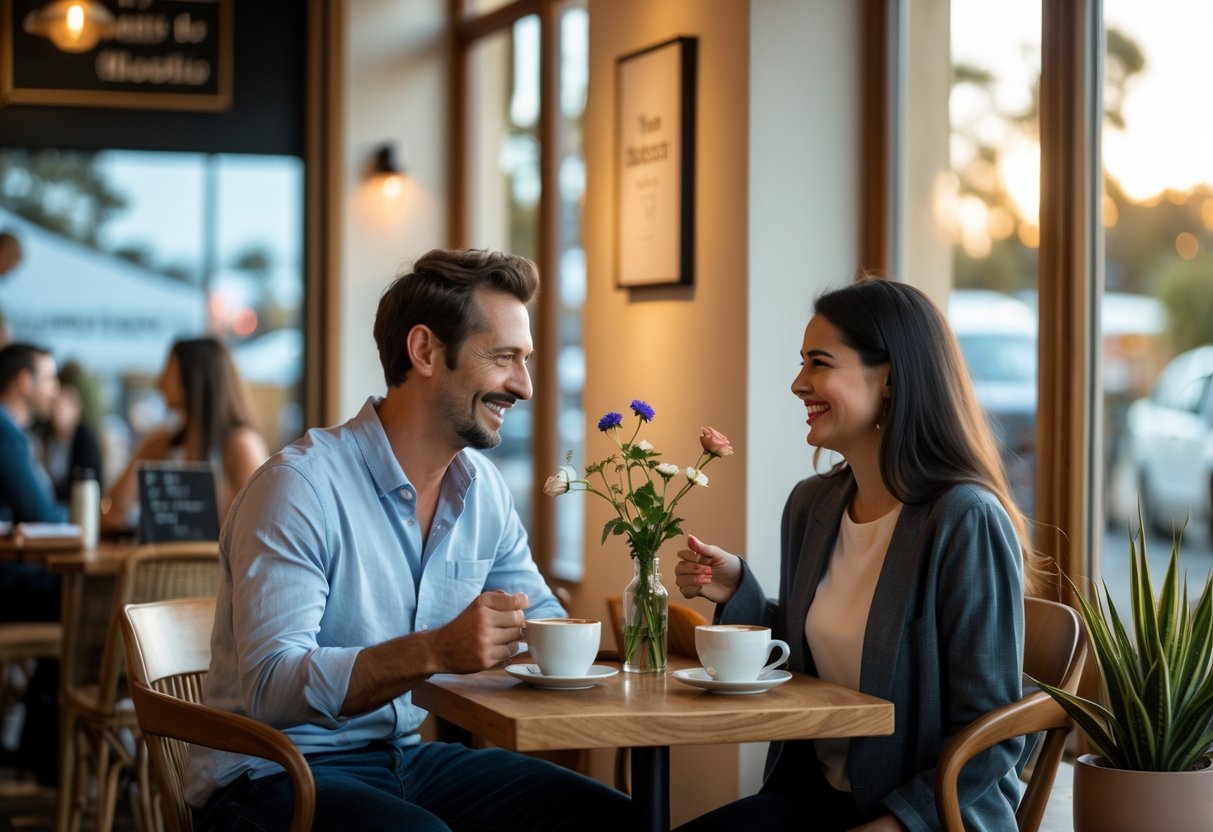 Two people sitting at a small table in a café, smiling and enjoying coffee together.