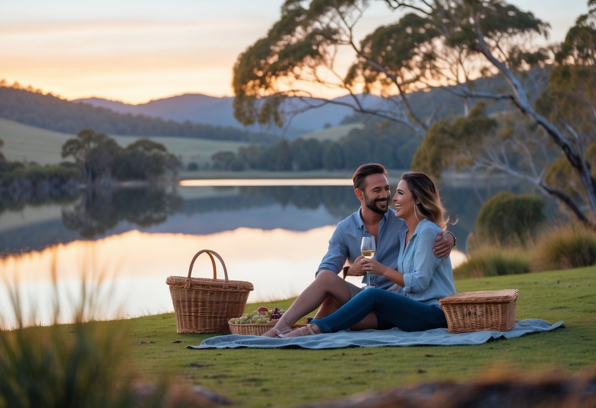 A couple enjoying a lakeside picnic at sunset surrounded by hills and trees.