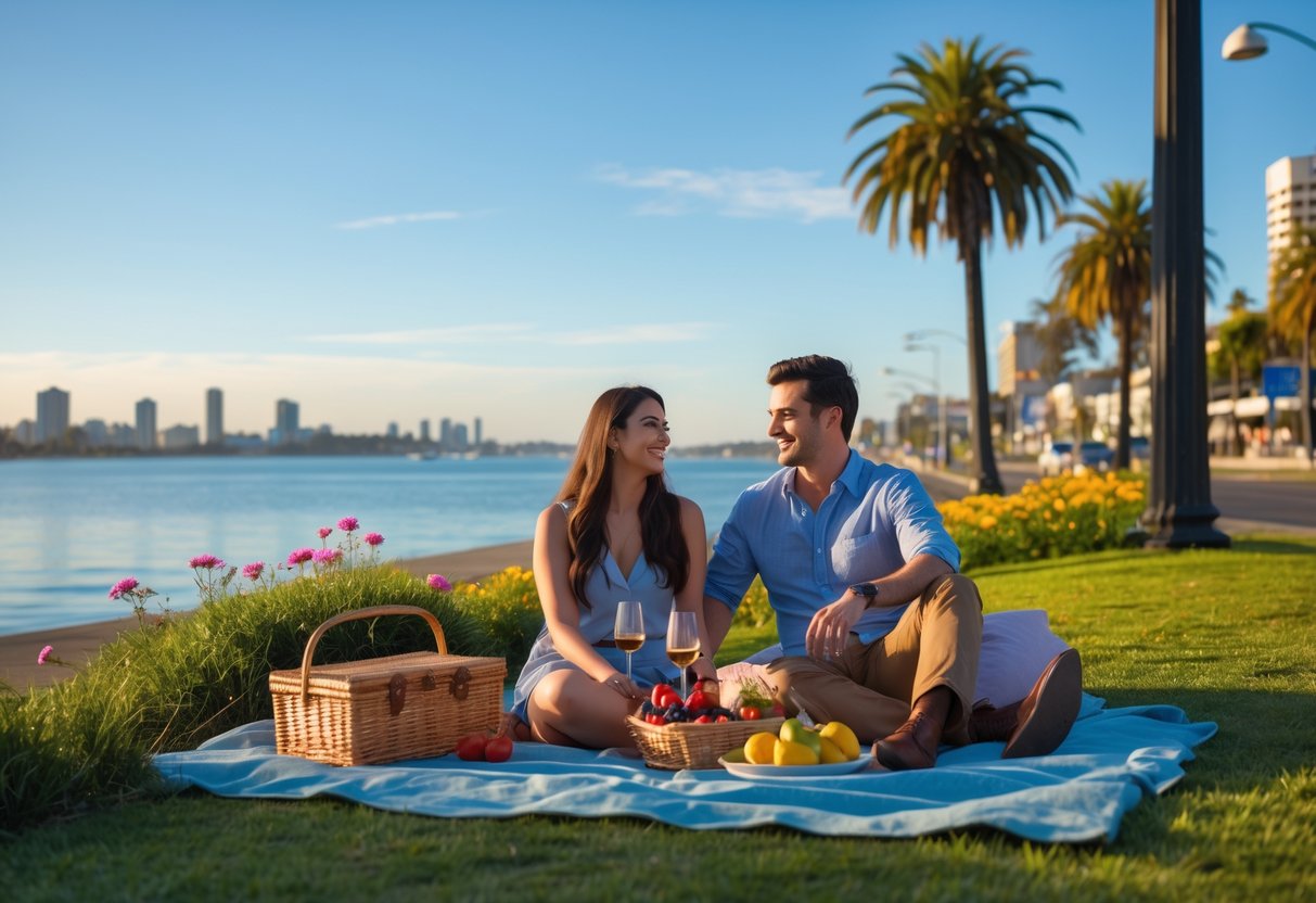 A young couple enjoying a picnic near the waterfront in Geelong with blue skies and city skyline in the background.